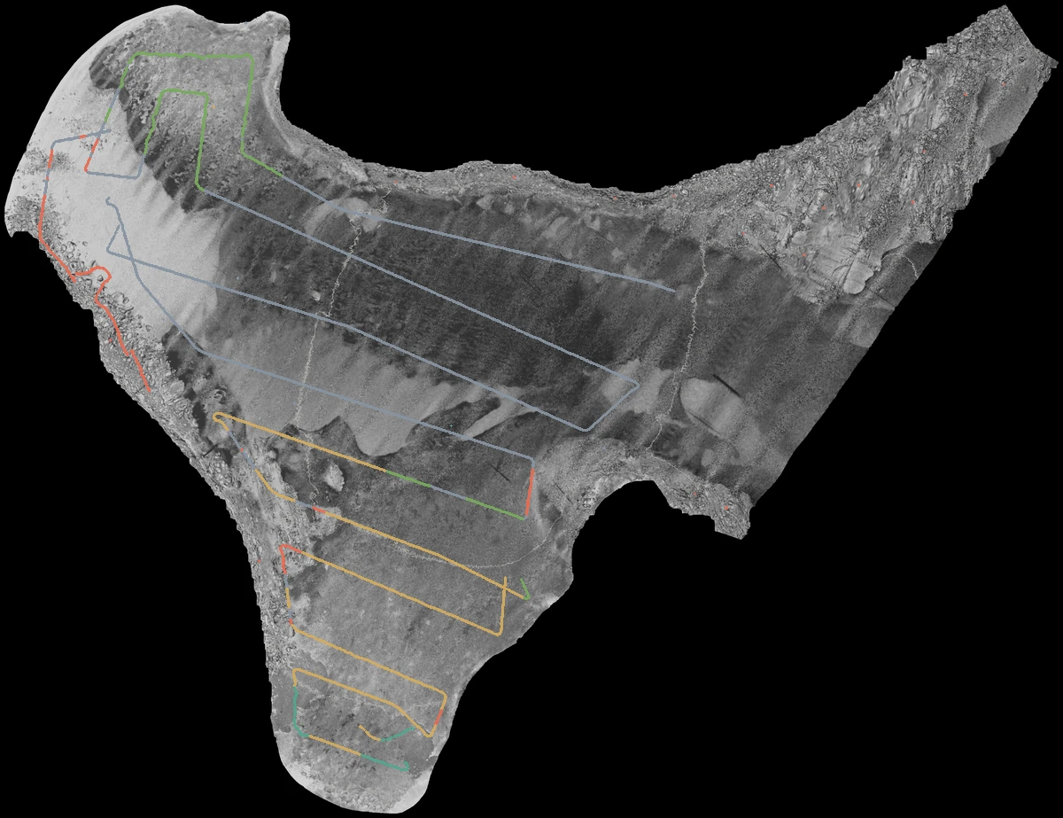 Backscatter map of Refuge Cove with 6,256 ground-truth training locations coloured by habitat class, over bathymetric contour lines